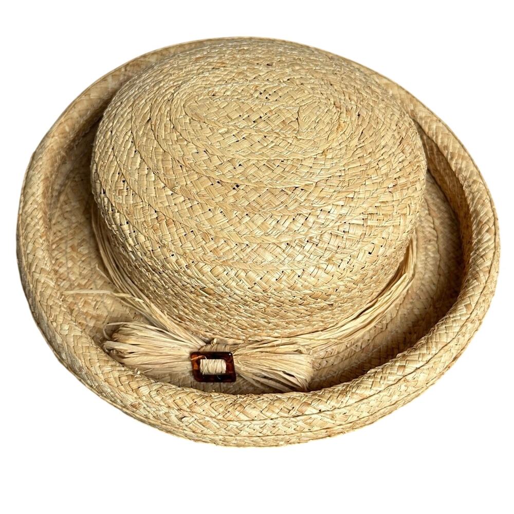 Vintage Liz Claiborne straw bowler hat LG rolled brim 22.5” inside raffia bow